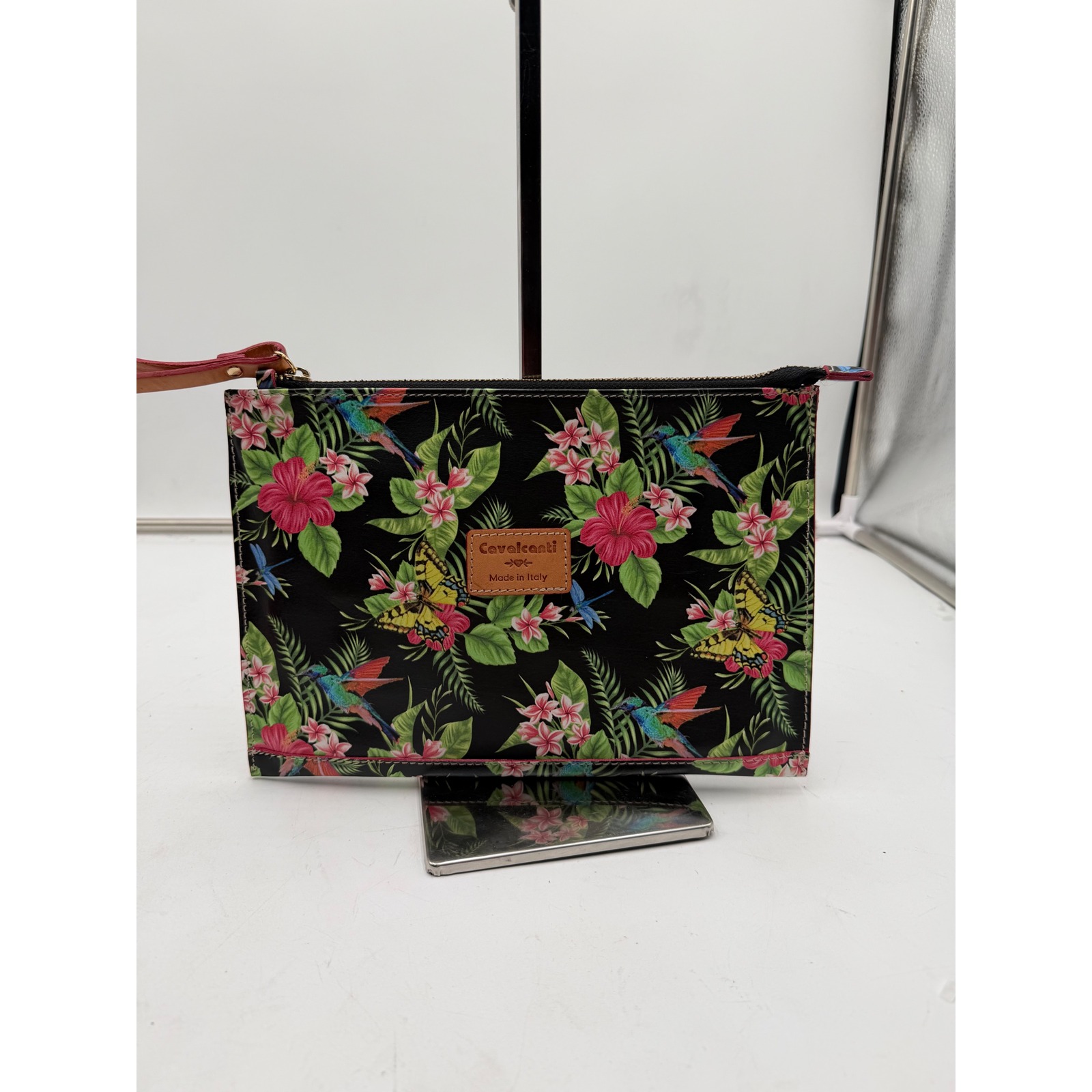 Cavalcanti Made In Italy Leather Tropical Hummingbird Butterfly Floral Clutch